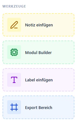 Werkzeug-Sidebar des Schaltplan Designers: Notiz einfügen, Modul Builder, Label einfügen und Export-Bereich als Drag-and-Drop-Elemente