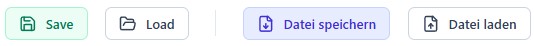 Speicher-Toolbar des Schaltplan Designers: Save- und Load-Buttons für den Browser-Speicher sowie Datei-speichern und Datei-laden für lokale JSON-Dateien